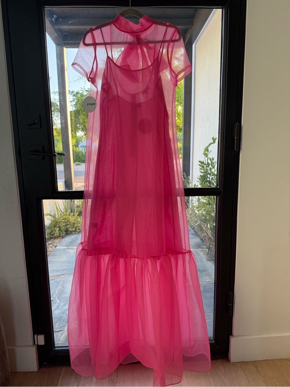 STAUD Sheer Hot Pink Layered Chiffon Slip Dress